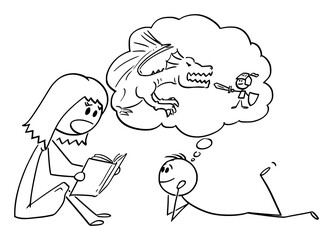 Vector cartoon stick figure drawing conceptual illustration of mother or parent reading book to his son or child.