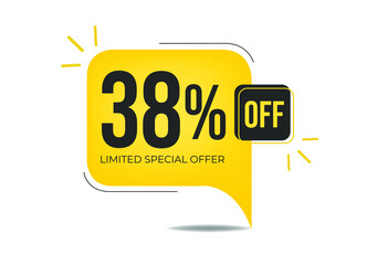 38% off limited special offer. Banner with thirty-eight percent discount on a yellow square balloon.