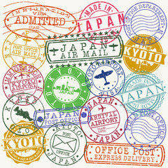 Kyoto Japan Stamp Vector Art Postal Passport Travel Design Set Badge Rubber.