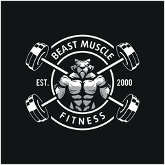 Tiger with strong body, fitness club or gym logo. Design element for company logo, label, emblem, apparel or other merchandise. Scalable and editable Vector illustration.