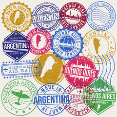 Buenos Aires Argentina Set of Stamps. Travel Stamp. Made In Product. Design Seals Old Style Insignia.