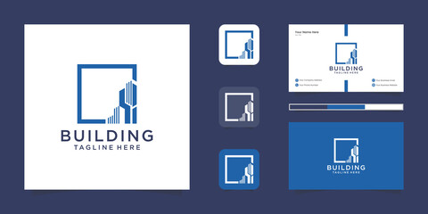 Building inspirational with line art style Premium Vector logo and business card