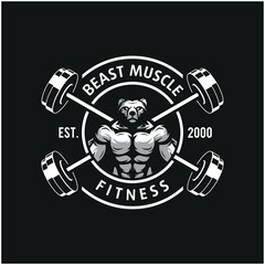 Bear with strong body, fitness club or gym logo. Design element for company logo, label, emblem, apparel or other merchandise. Scalable and editable Vector illustration