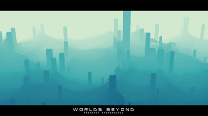 Worlds beyond abstract Sci-fi city landscapes. Vector beautiful misty fog over futuristic town. Abstract gradient urban landscape background. Colorful waves.