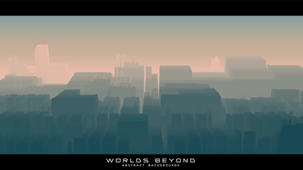Worlds beyond abstract Sci-fi city landscapes. Vector beautiful misty fog over futuristic town. Abstract gradient urban landscape background. Colorful waves.