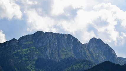 Giewont, mountain massif in the Tatra Mountains of Poland. It comprises three peaks: Small Giewont, Great Giewont and Long Giewont. Panoramic photo