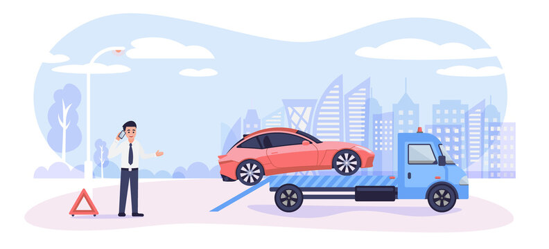 Roadside assistance concept. Broken car on tow truck and cartoon man calling emergency service, vector illustration in flat style