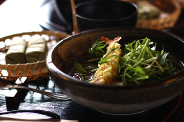 Close up of a bowl of delicious fried shrimp soba (Japanese noodles), Nara, japan, soft focus
