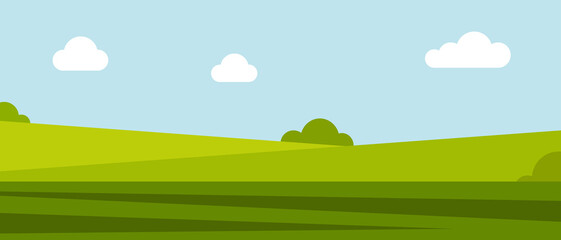 Obraz premium Summer panoramic landscape. Green meadow, field, farm pasture, green grass, blue sky. Vector colored background, banner for site, space for text