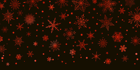 Christmas background with various complex big and small snowflakes, red on black