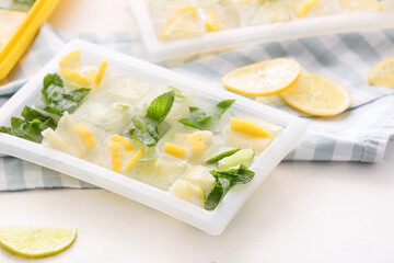 Tray with citrus fruits in ice on white background