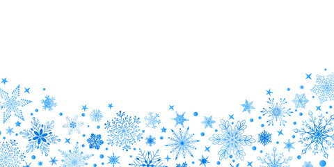Fototapeta na wymiar Christmas background with various complex big and small snowflakes, light blue on white