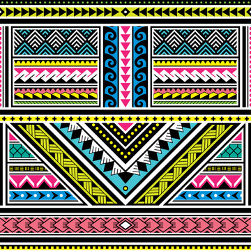 Polynesian tattoo seamless vector colorful pattern, Hawaiian tribal design inspired by art traditional geometric art from islands on Pacific Ocean