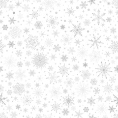 Fototapeta na wymiar Christmas seamless pattern with various complex big and small snowflakes, gray on white background