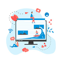 Surfer surfing a wave web page vector illustration. Web page surfing concept