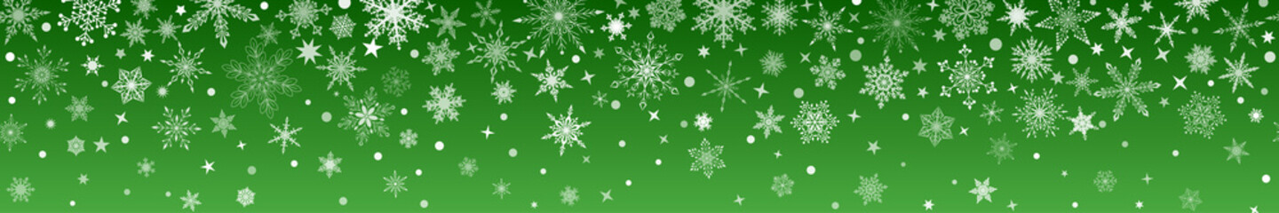 Christmas banner of various complex big and small snowflakes with horizontal seamless repetition, white on green background