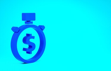 Blue Time is money icon isolated on blue background. Money is time. Effective time management. Convert time to money. Stopwatch. Minimalism concept. 3d illustration 3D render.