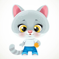 Cute cartoon baby cat with ball isolated on a white background