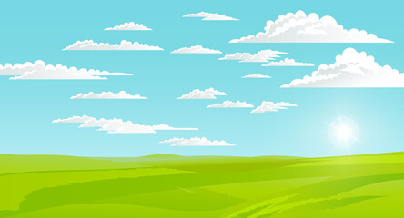 Obraz na płótnie Canvas Beautiful landscape with green lawn and skyline with clouds, shining sun. Summer time, nobody. Greenery of summer. Summer scenery, horizontal view of rural scene. Calm nature, hot weather, morning