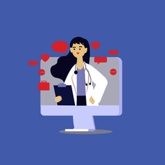 laptop screen with female doctor on chat in messenger and an online consultation. Vector flat illustration. Ask doctor. Online medical advise or consultation service, tele medicine, cardiology