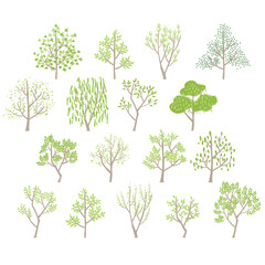 シンプルで柔らかい雰囲気の木々のバリエーションベクターイラスト