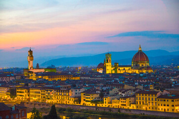Fototapeta na wymiar Watercolor drawing of Top aerial panoramic evening view of Florence city with Duomo Cattedrale