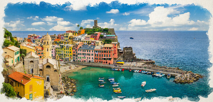Watercolor drawing of Vernazza village with typical colorful multicolored buildings