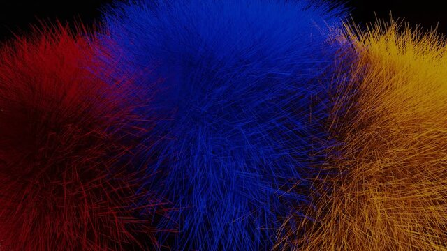 growing furry pompons in red, blue and yellow on white desk background. Funny hairy multicolored sphere objects increasing and decreasing, animated 3d render movie