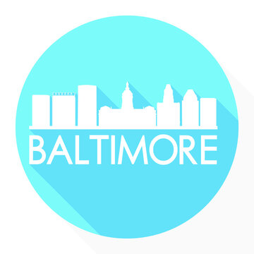 Baltimore Skyline Button Icon Round Flat Vector Art Design Color Background.