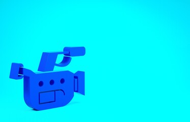 Obraz premium Blue Cinema camera icon isolated on blue background. Video camera. Movie sign. Film projector. Minimalism concept. 3d illustration 3D render.