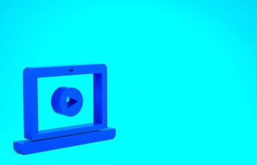 Blue Online play video icon isolated on blue background. Laptop and film strip with play sign. Minimalism concept. 3d illustration 3D render.