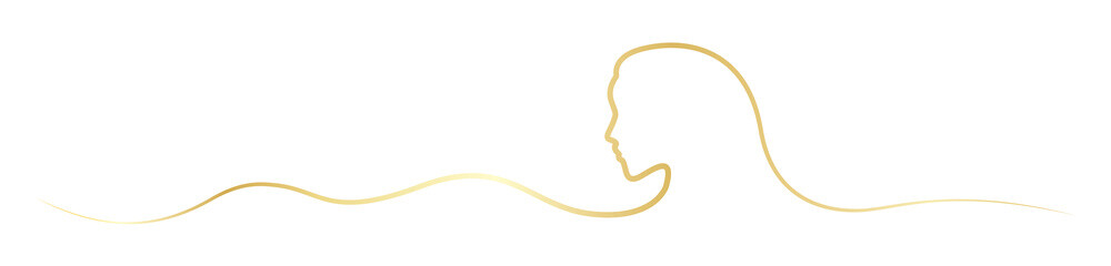linear illustration of woman silhouette. Head of beautiful girl from golden ribbon. 
Hair wave. Concept of beauty. Vector linear illustration isolated on the white background.