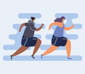 young couple wearing medical masks running avatars characters