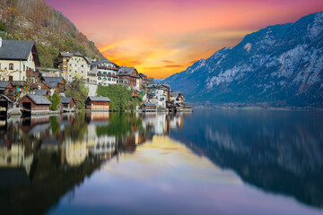 View of Hallstatt village from the lakeside with twilight sky in Austria