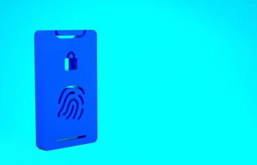 Blue Smartphone with fingerprint scanner icon isolated on blue background. Concept of security, personal access via finger on mobile. Minimalism concept. 3d illustration 3D render.