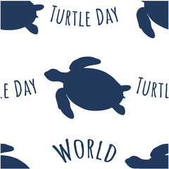 Seamless pattern dark blue silhouette of turtle and text - world turtle day