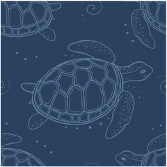 Seamless pattern doodle big turtle - contour drawing on poseidon background