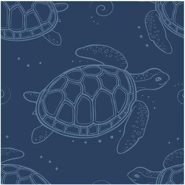 Seamless pattern doodle big turtle - contour drawing on poseidon background