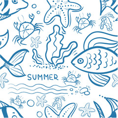 Seamless pattern doodle blue fishes, crab, starfish, seaweed and word summer