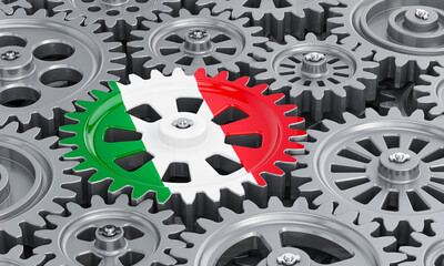 Italian flag on the gearwheel, business industrial concept. 3D rendering