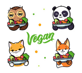 Set of animals holding a plate of veggies for vegetarian food advertising.