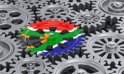 South African flag on the gearwheel, business industrial concept. 3D rendering