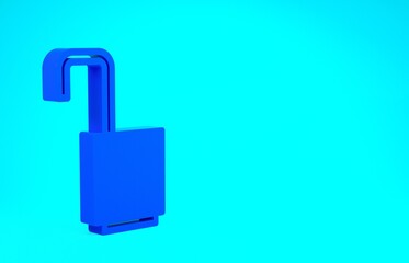 Blue Open padlock icon isolated on blue background. Opened lock sign. Cyber security concept. Digital data protection. Minimalism concept. 3d illustration 3D render.