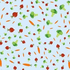 Organic food seamless pattern. Vector vegetables on a blue background.