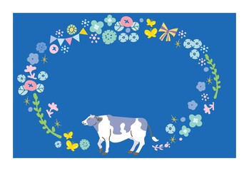 年賀状　2021　イラスト　牛　北欧　フレーム　丑年
