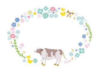 年賀状　2021　イラスト　牛　北欧　フレーム　丑年
