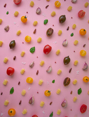 Food pattern photography yellow cherry tomato pink background