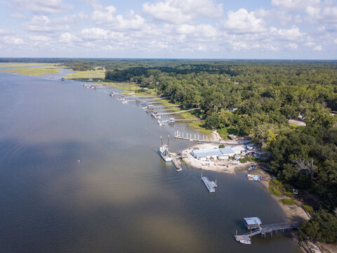 Aerial view of the Maye River and boats in Bluffton, South Carolina.