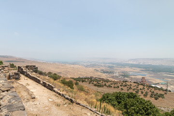 Fototapeta na wymiar View to the Jordan Valley from the ruins of the great Hospitaller fortress - Belvoir - Jordan Star - located on a hill above the Jordan Valley in Israel