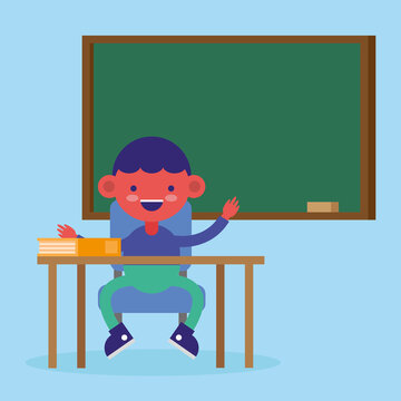 Little Student Boy In Desk With Book Comic Character